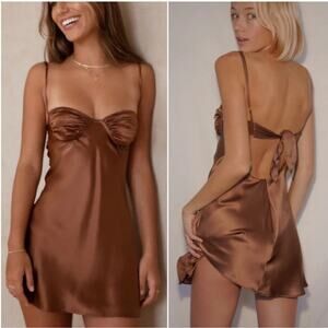 Two Bodies New York Silk Izzy Ruched Mini Dress XS in Mocha brown